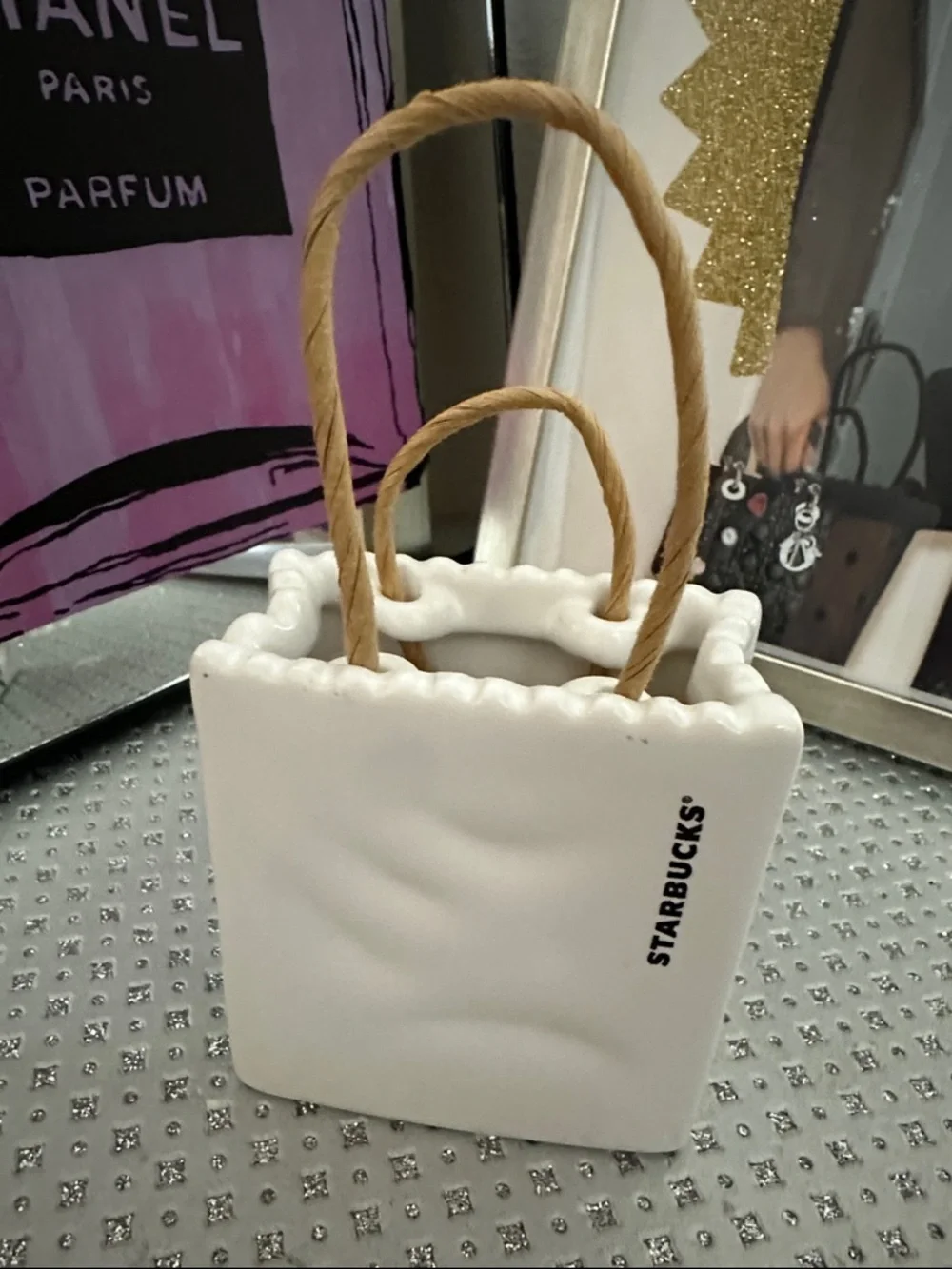 Starbucks White Mini Ceramic Gift Bag with Green Logo and Brown Rope Handles